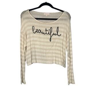 Maronie Cream Oatmeal Striped Graphic Beautiful Long Sleeve Shirt Women Sz S